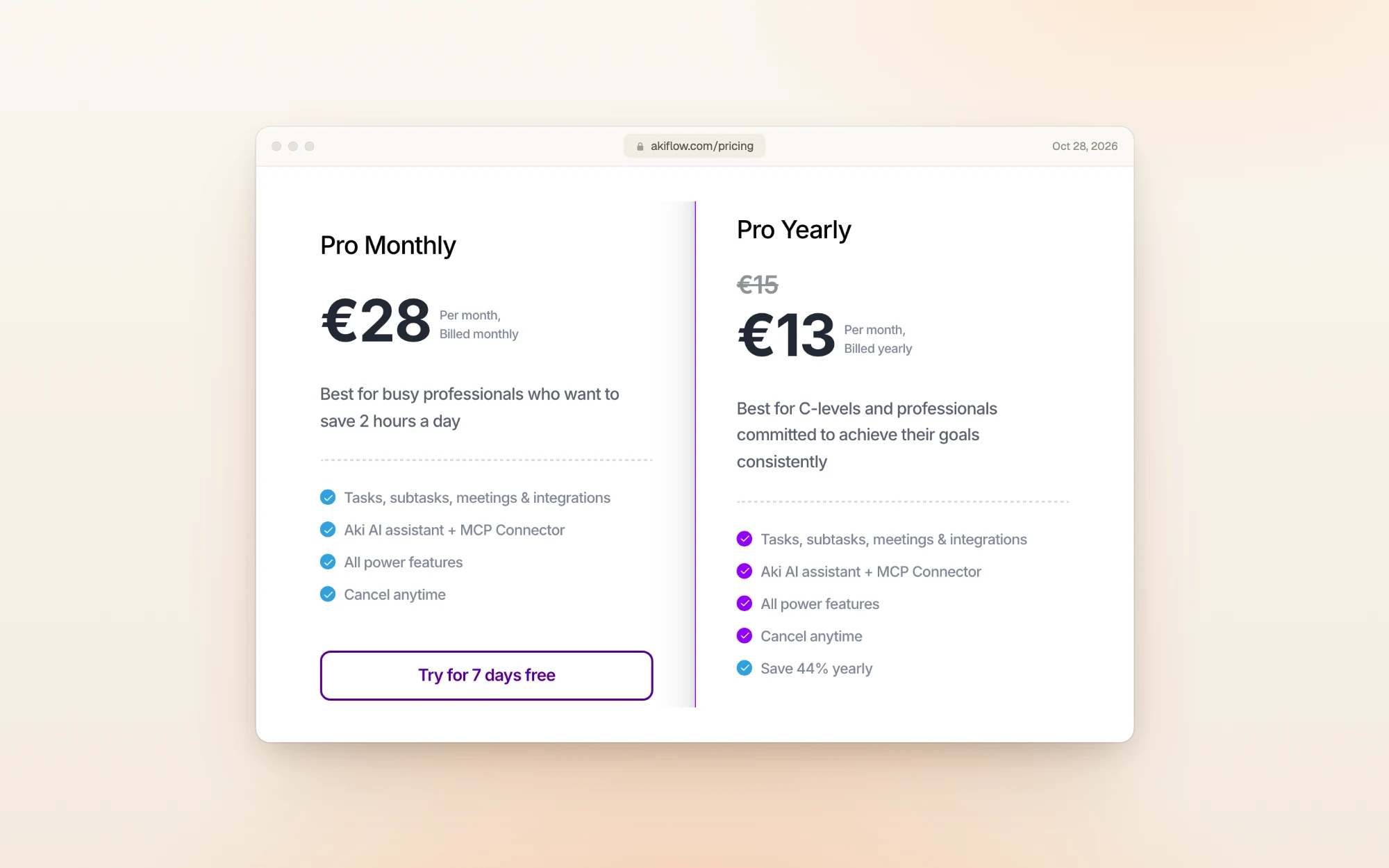Akiflow's pricing page as shown in Europe: Pro Monthly at €28 per month billed monthly, and Pro Yearly at €15 per month billed yearly, crossed out to €13 with a 1-hour coupon. Both list tasks, subtasks, meetings and integrations, the Aki AI assistant and MCP Connector, all power features, and cancel anytime; the yearly plan says Save 44% yearly.