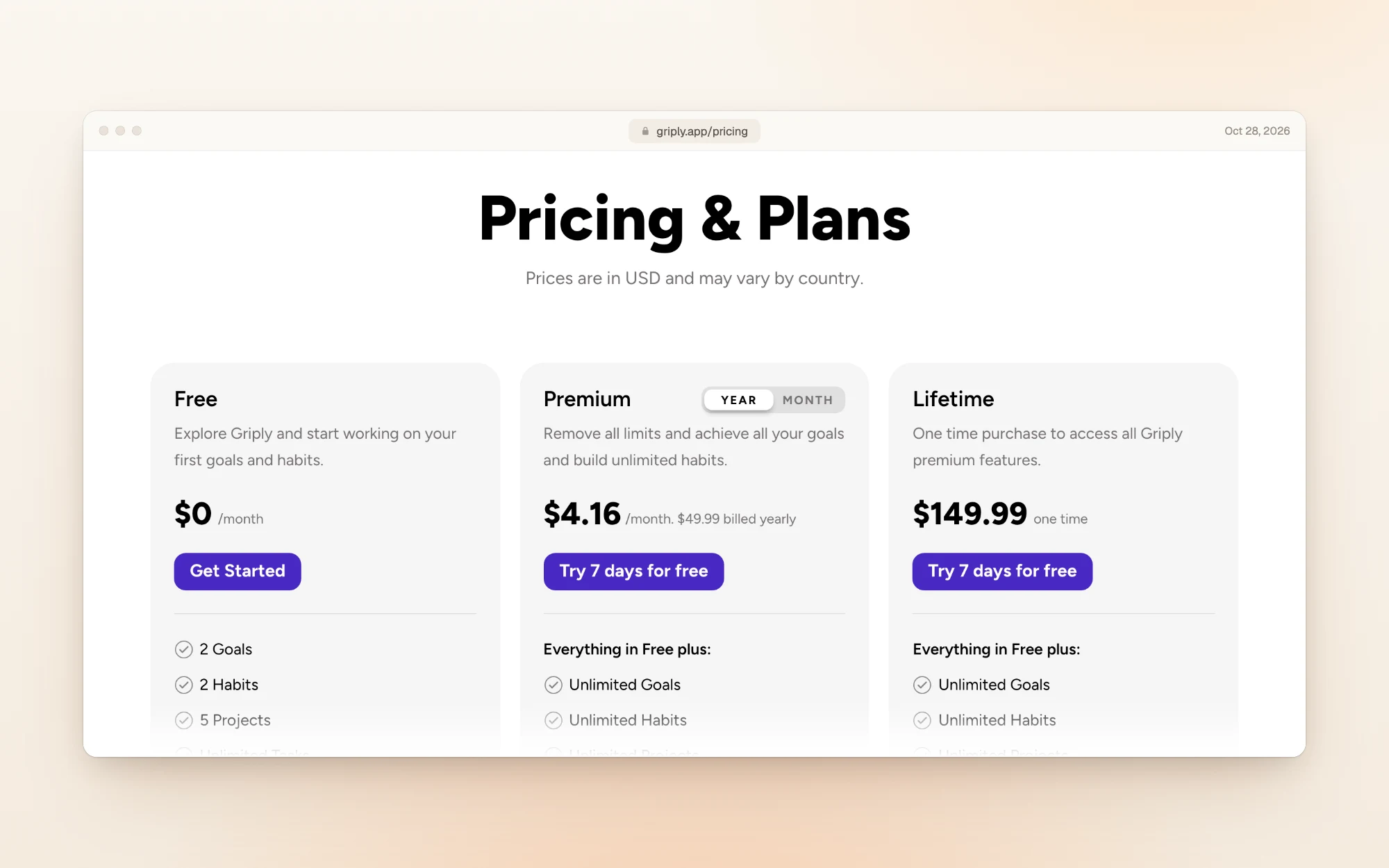 Griply's pricing page: Free at $0 a month, Premium at $4.16 a month with $49.99 billed yearly, and Lifetime at $149.99 one time, each with a Get Started or Try 7 days for free button, under the note Prices are in USD and may vary by country.