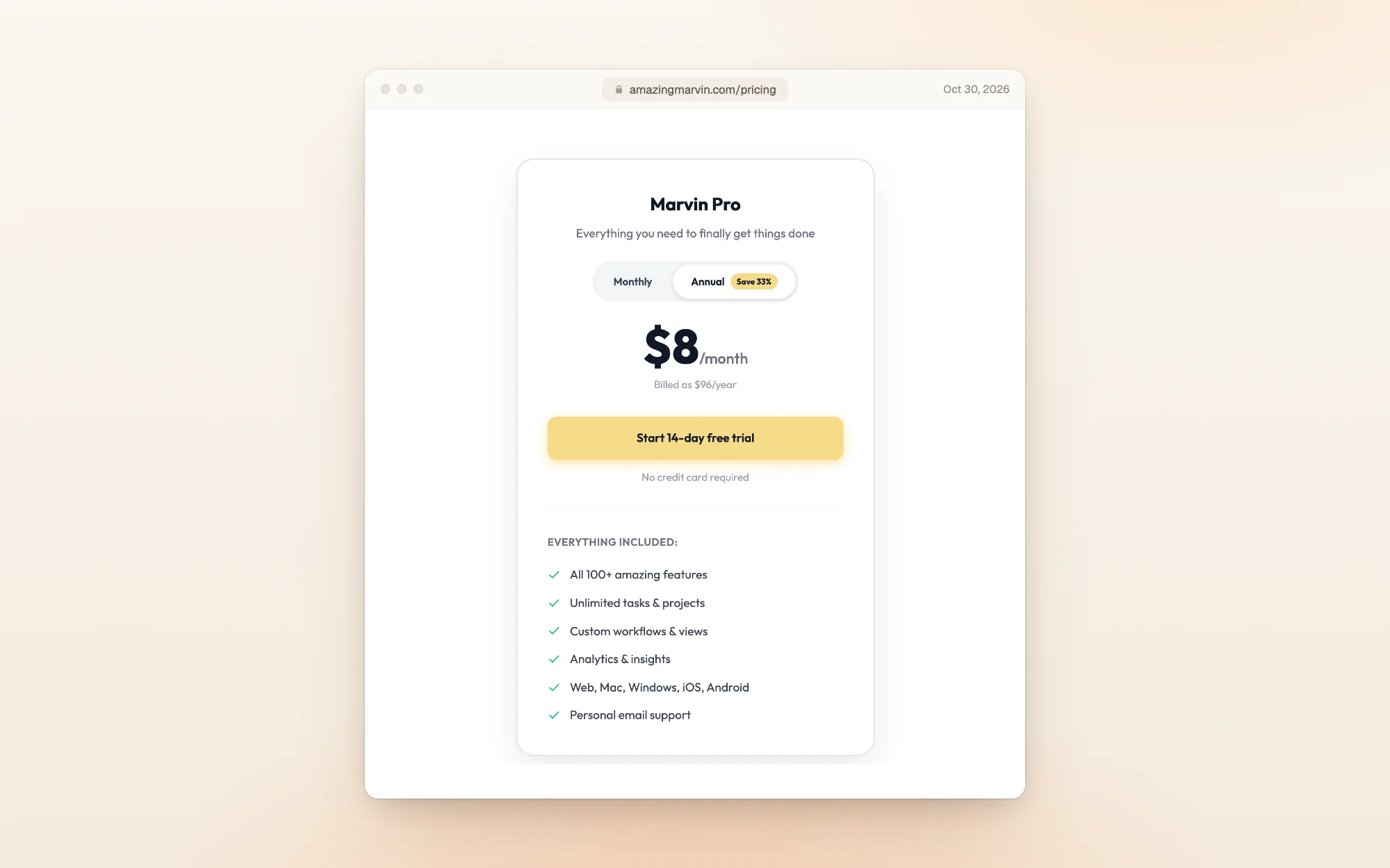 Amazing Marvin's pricing page with Annual selected: Marvin Pro at $8 a month, billed as $96 a year, a Start 14-day free trial button with No credit card required, and the list of what's included: all 100+ features, unlimited tasks and projects, custom workflows and views, analytics, apps for web, Mac, Windows, iOS and Android, and personal email support.
