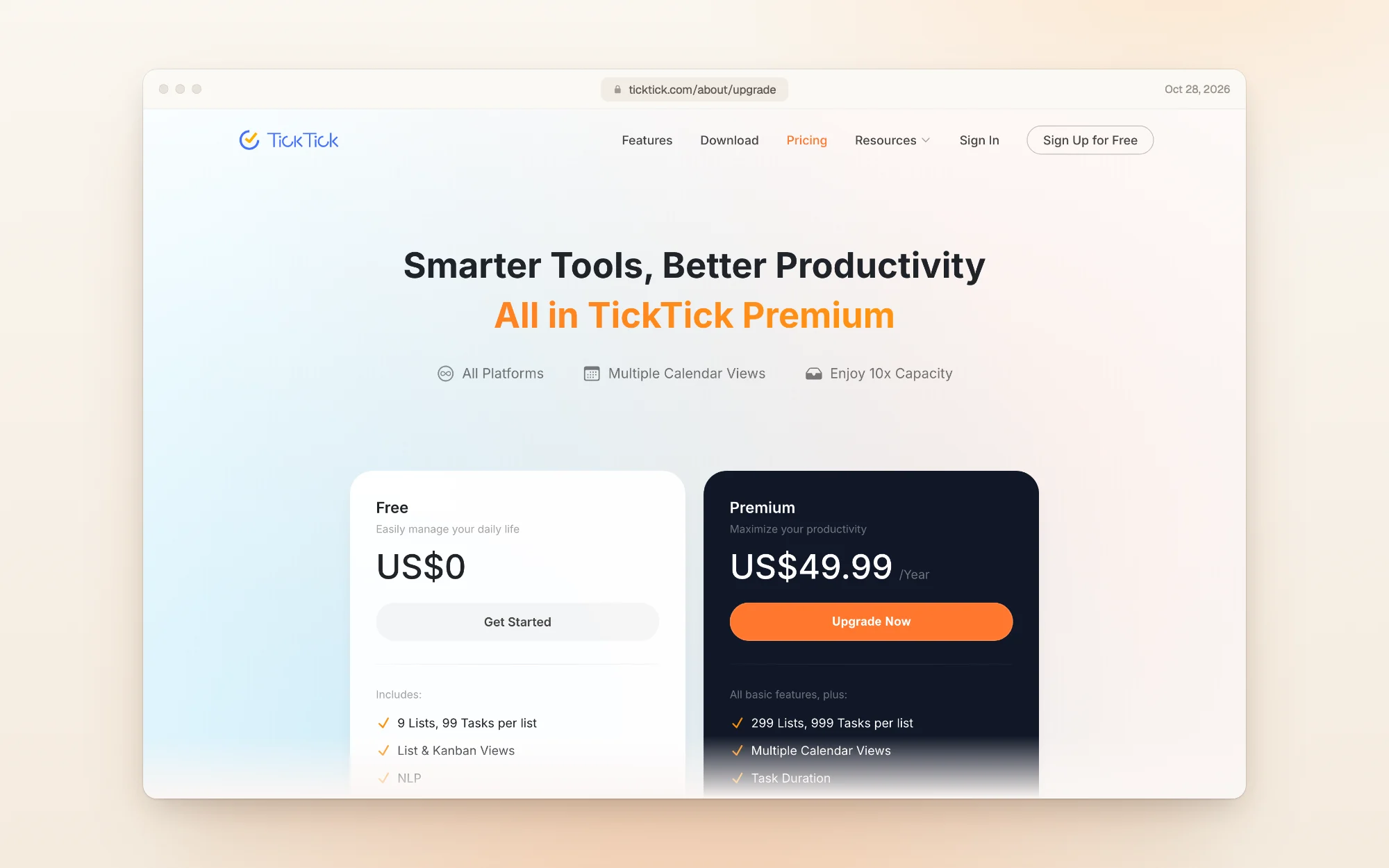 TickTick's pricing page, headed Smarter Tools, Better Productivity, All in TickTick Premium: the Free plan at US$0 with 9 lists and 99 tasks per list, and Premium at US$49.99 a year with 299 lists and 999 tasks per list.