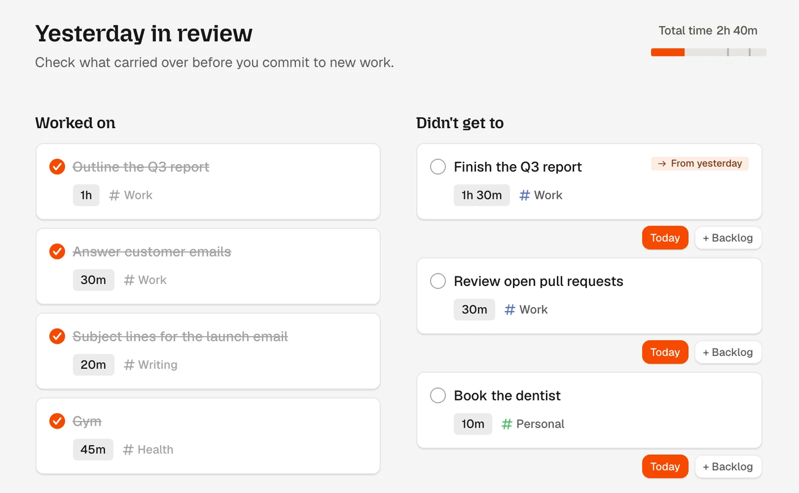 Dayplan's Yesterday in review step: four finished tasks under Worked on, and three unfinished tasks under Didn't get to, each with Today and Backlog buttons. One carries a From yesterday badge.