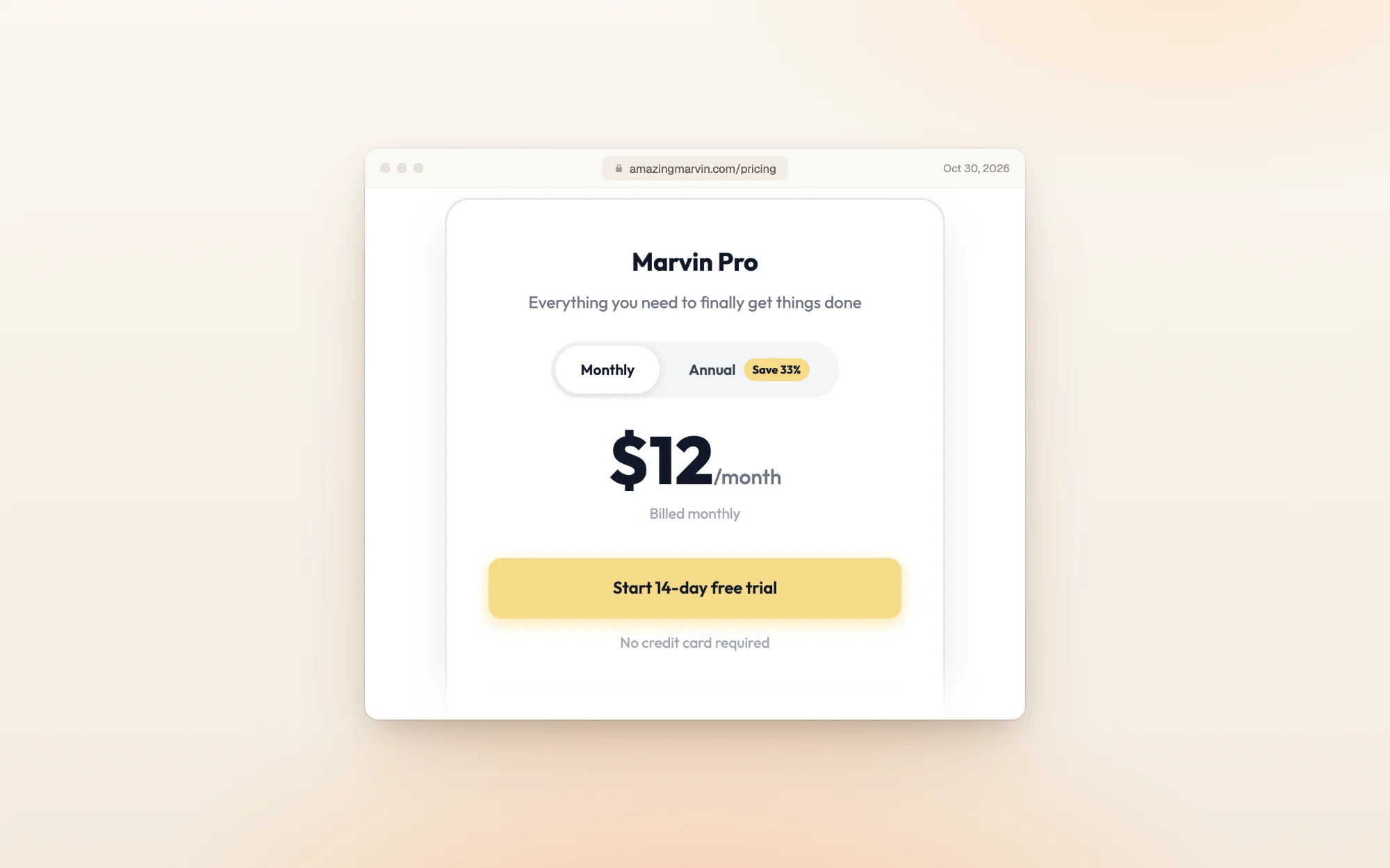 Amazing Marvin's pricing page with Monthly selected: Marvin Pro at $12 a month, billed monthly, with the same 14-day free trial and no credit card required.