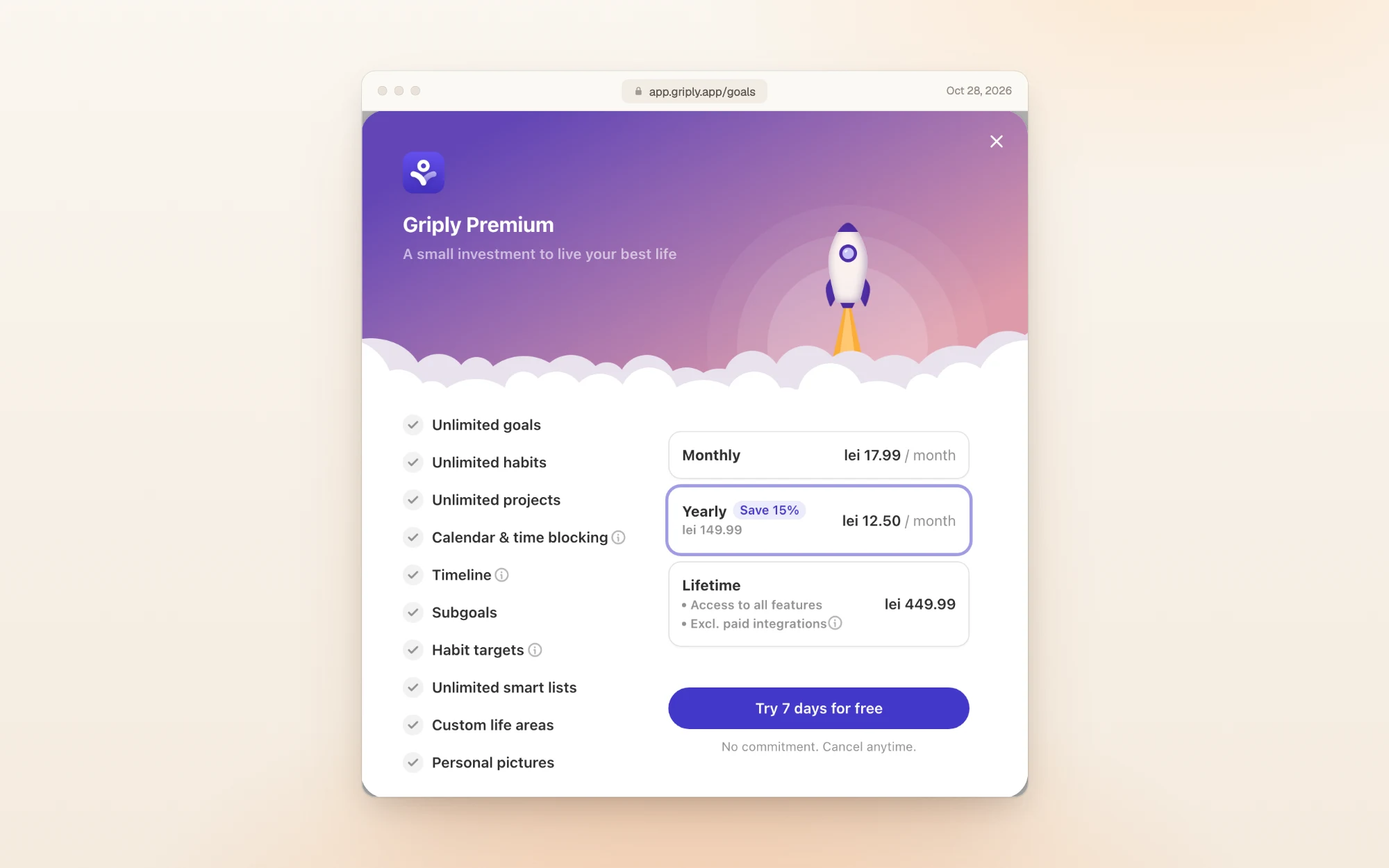 Griply's Premium window inside the app, opened by adding a third goal on the free plan: unlimited goals, habits and projects, calendar and time blocking, timeline, subgoals, habit targets, smart lists, custom life areas and personal pictures, with Monthly at 17.99 lei a month, Yearly at 12.50 lei a month (149.99 lei, marked Save 15%) and Lifetime at 449.99 lei.