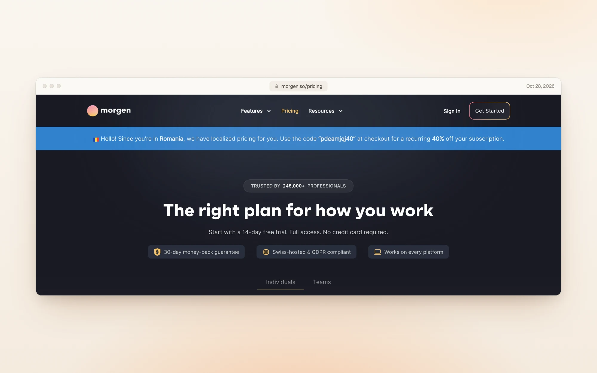 Morgen's pricing page viewed from Romania, with a blue banner reading: Hello! Since you're in Romania, we have localized pricing for you. Use the code at checkout for a recurring 40% off your subscription.