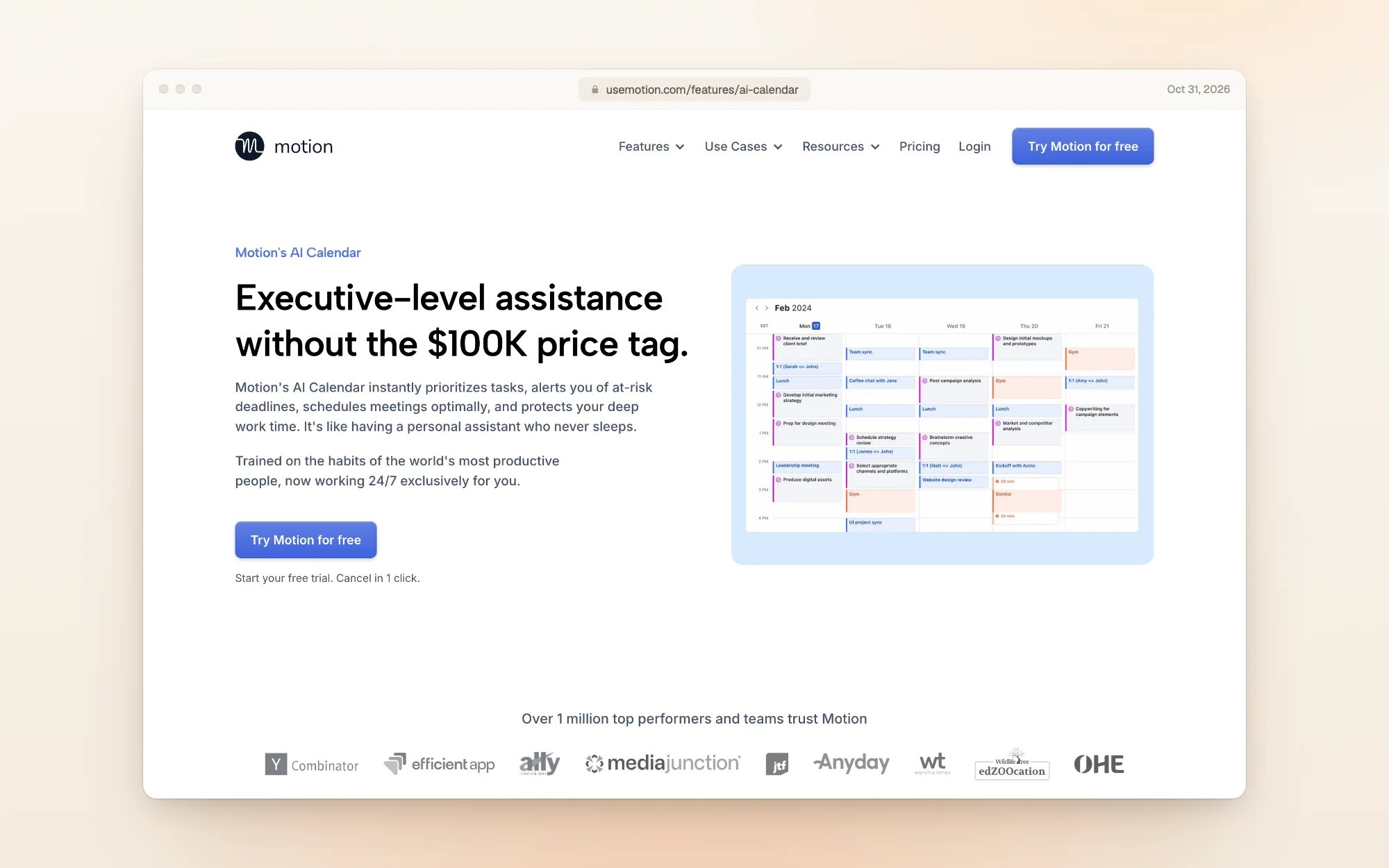 Motion's AI Calendar page: Executive-level assistance without the $100K price tag. The text says Motion's AI Calendar prioritizes tasks, alerts you of at-risk deadlines, schedules meetings and protects your deep work time, beside a week view of a calendar filled with tasks and meetings.