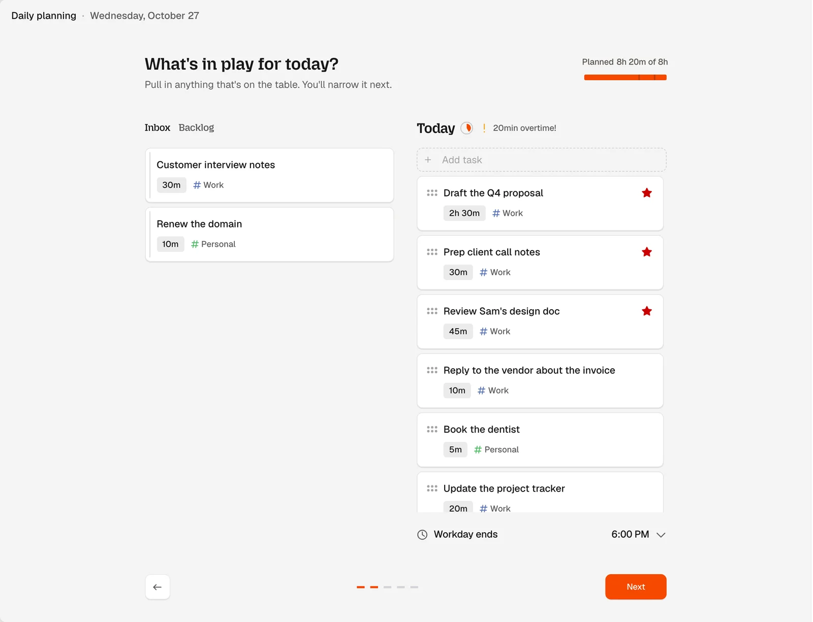 Dayplan's workload meter reading Planned 8h 20m of 8h, with a 20min overtime warning above the day's task list