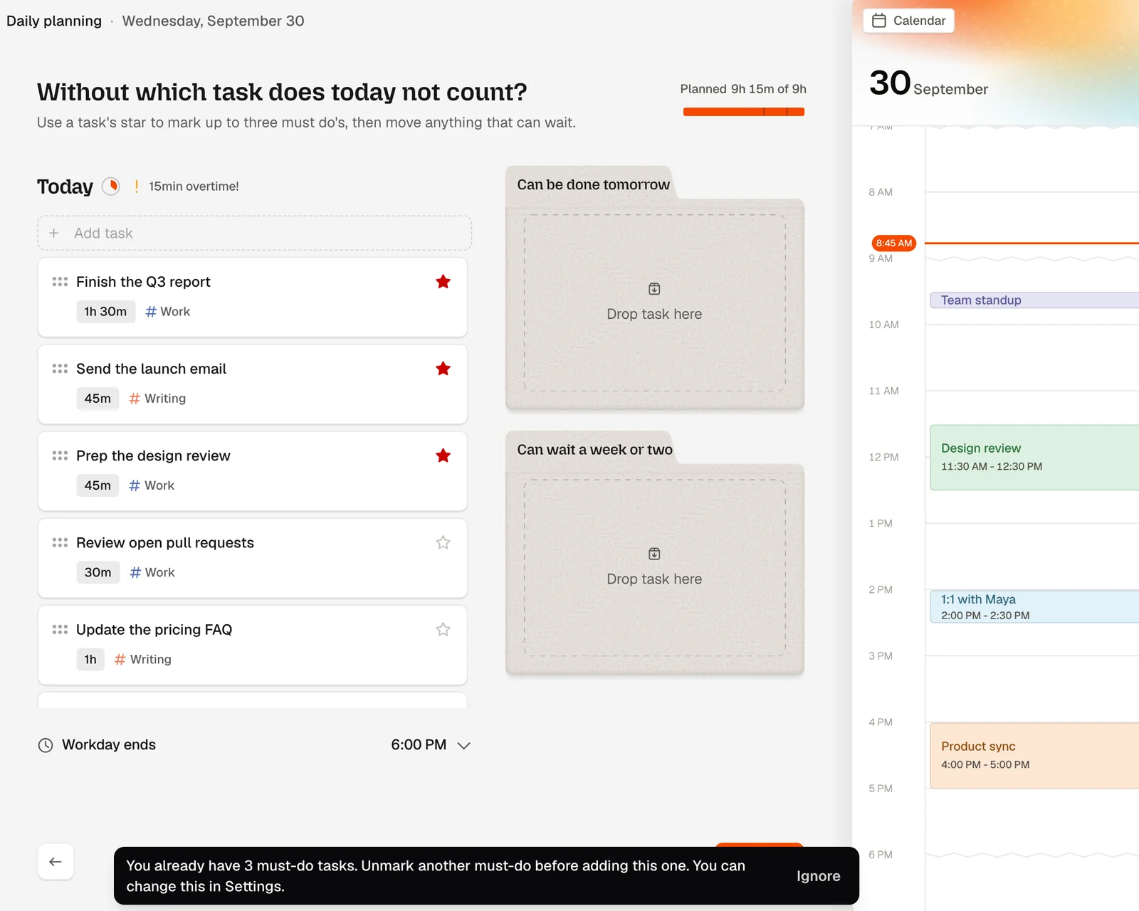 Three starred must-dos at the top of Today, and the message Dayplan shows when you try to add a fourth: You already have 3 must-do tasks.