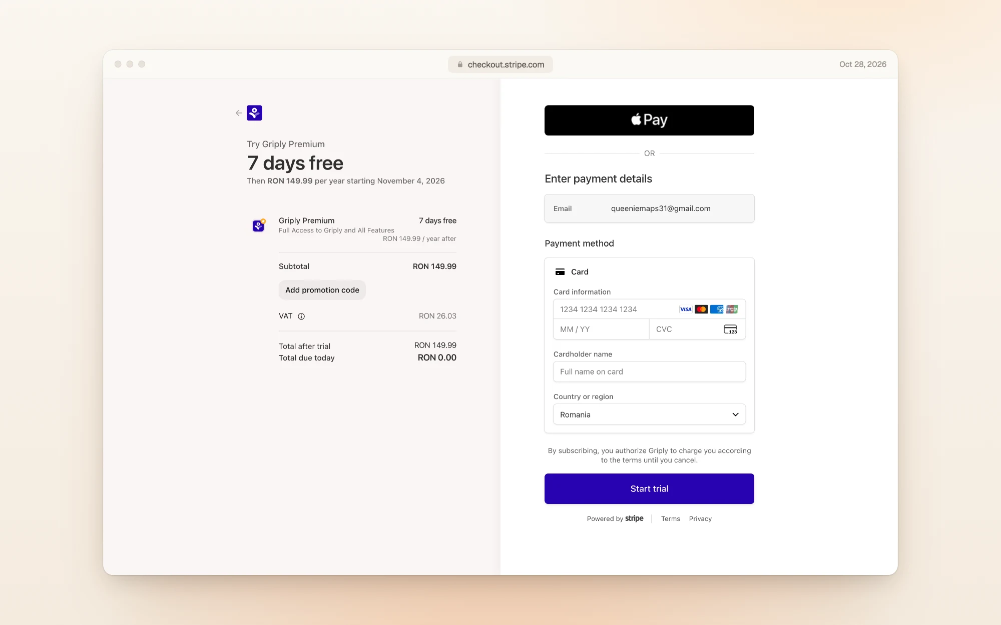 Griply's Stripe checkout for the Premium trial: 7 days free, then 149.99 lei per year starting November 4, 2026, including 26.03 lei VAT, with 0.00 lei due today and a card form above a Start trial button.