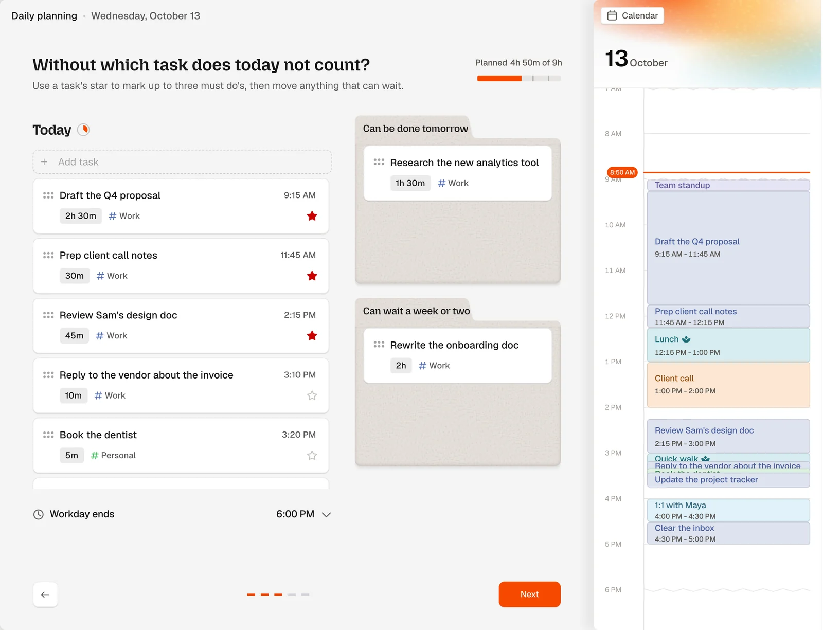 Dayplan's must-do step: three starred tasks stay on Today, while the analytics research and onboarding rewrite move to later folders