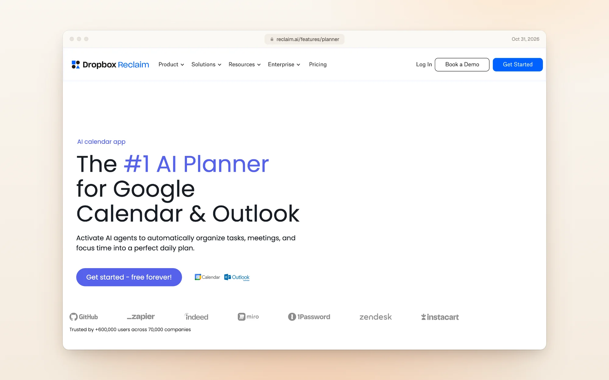 Reclaim's AI Planner page, now branded Dropbox Reclaim: The #1 AI Planner for Google Calendar and Outlook. Activate AI agents to automatically organize tasks, meetings, and focus time into a perfect daily plan, with a Get started, free forever button.