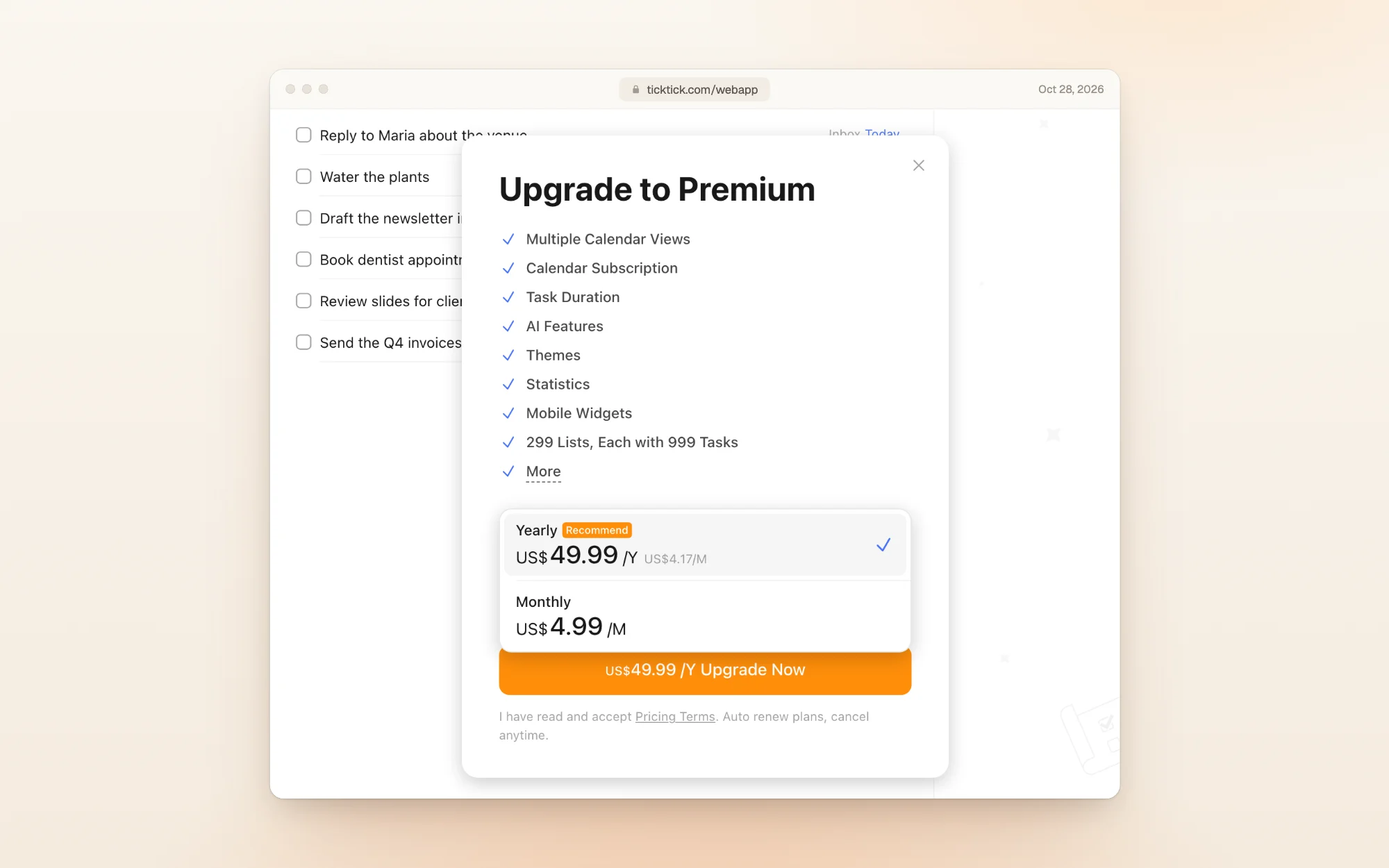 TickTick's upgrade window with the plan menu open: Yearly, marked Recommend, at US$49.99 a year, and Monthly at US$4.99 a month.