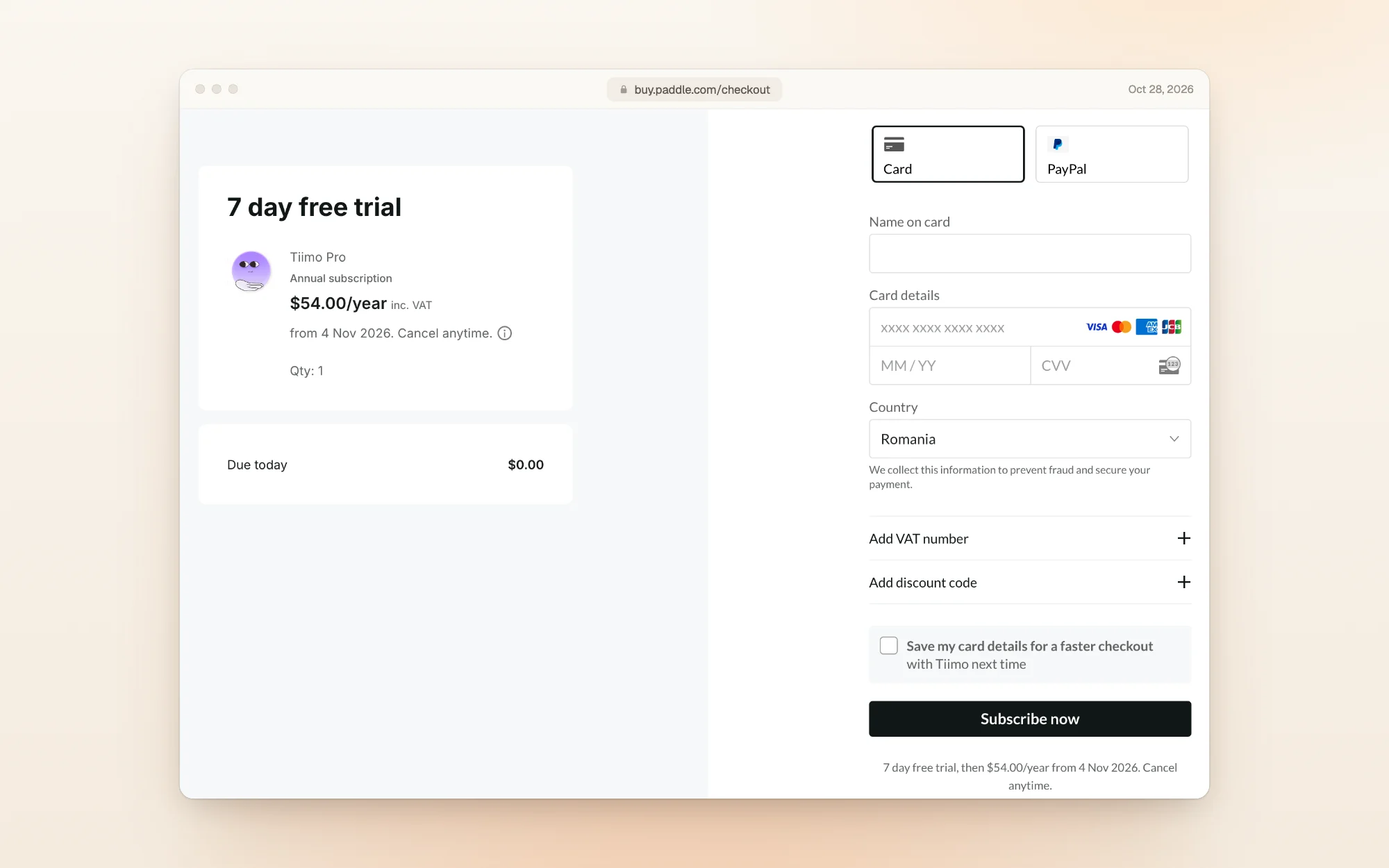 Paddle's checkout for Tiimo Pro, annual subscription: 7 day free trial, $54.00 a year including VAT from 4 Nov 2026, cancel anytime, due today $0.00, with a card form, a PayPal option, a discount code field and a Subscribe now button. The line under the button reads 7 day free trial, then $54.00/year from 4 Nov 2026.