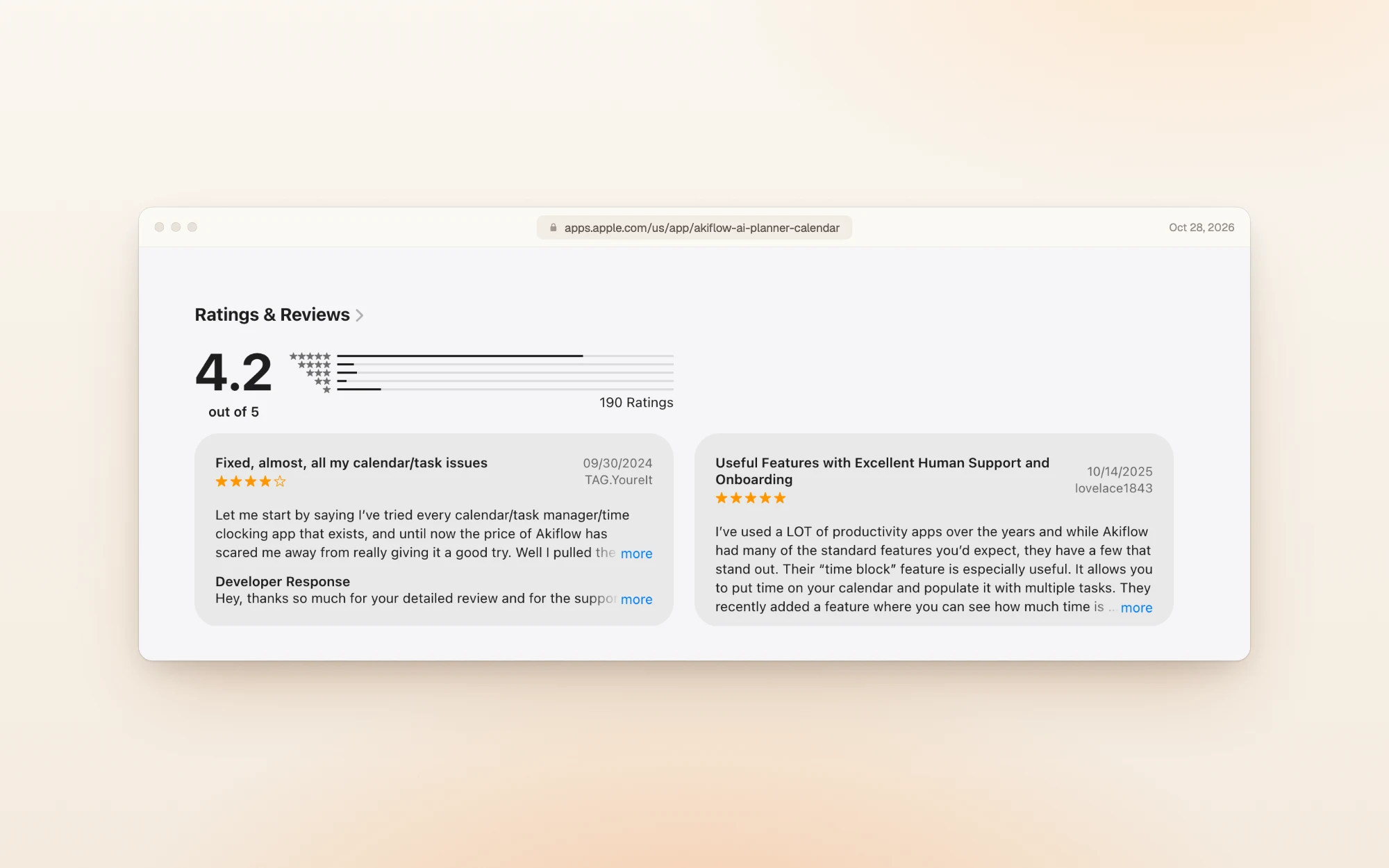 Akiflow on the US App Store: 4.2 out of 5 from 190 ratings, with a four-star review titled Fixed, almost, all my calendar/task issues from September 2024 and a five-star review titled Useful Features with Excellent Human Support and Onboarding from October 2025.