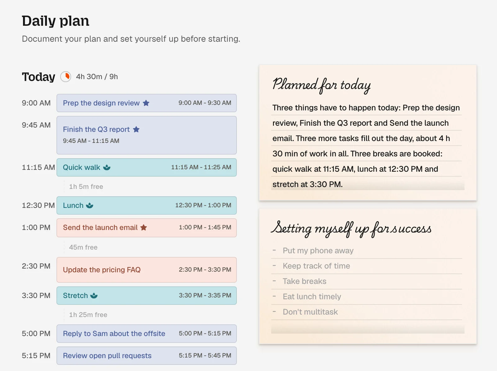 Dayplan's Daily plan step: the day as a timeline with free time marked between blocks, a Planned for today card that describes the day in plain words, and a Setting myself up for success card with example intentions.