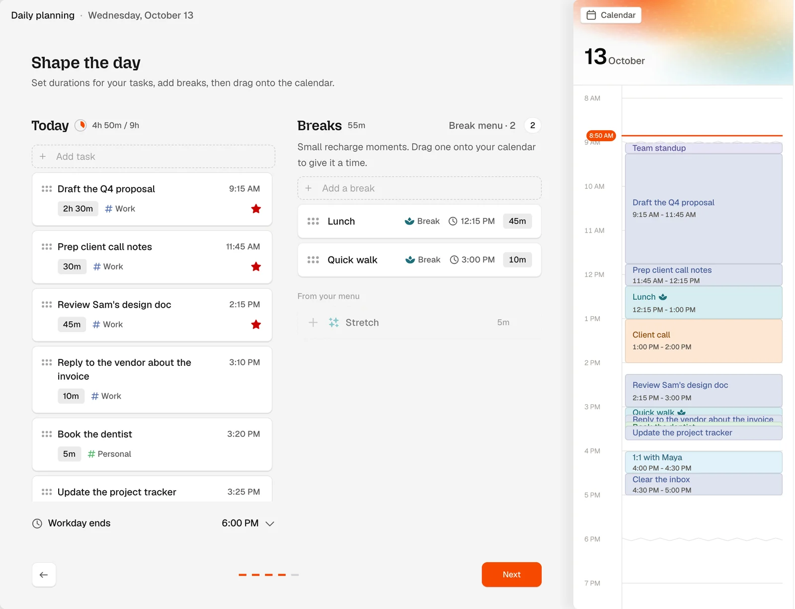 Dayplan's Shape the day step: the proposal blocked 9:15 to 11:45 AM, then call prep, lunch, the client call and the afternoon tasks around three meetings