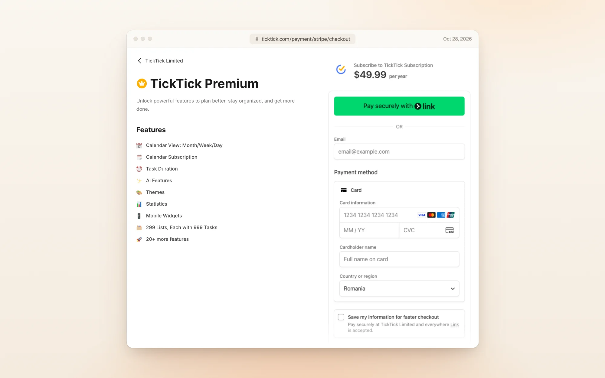 TickTick's Stripe checkout for the yearly plan: Subscribe to TickTick Subscription, $49.99 per year, with the Premium features listed on the left and a card form on the right.