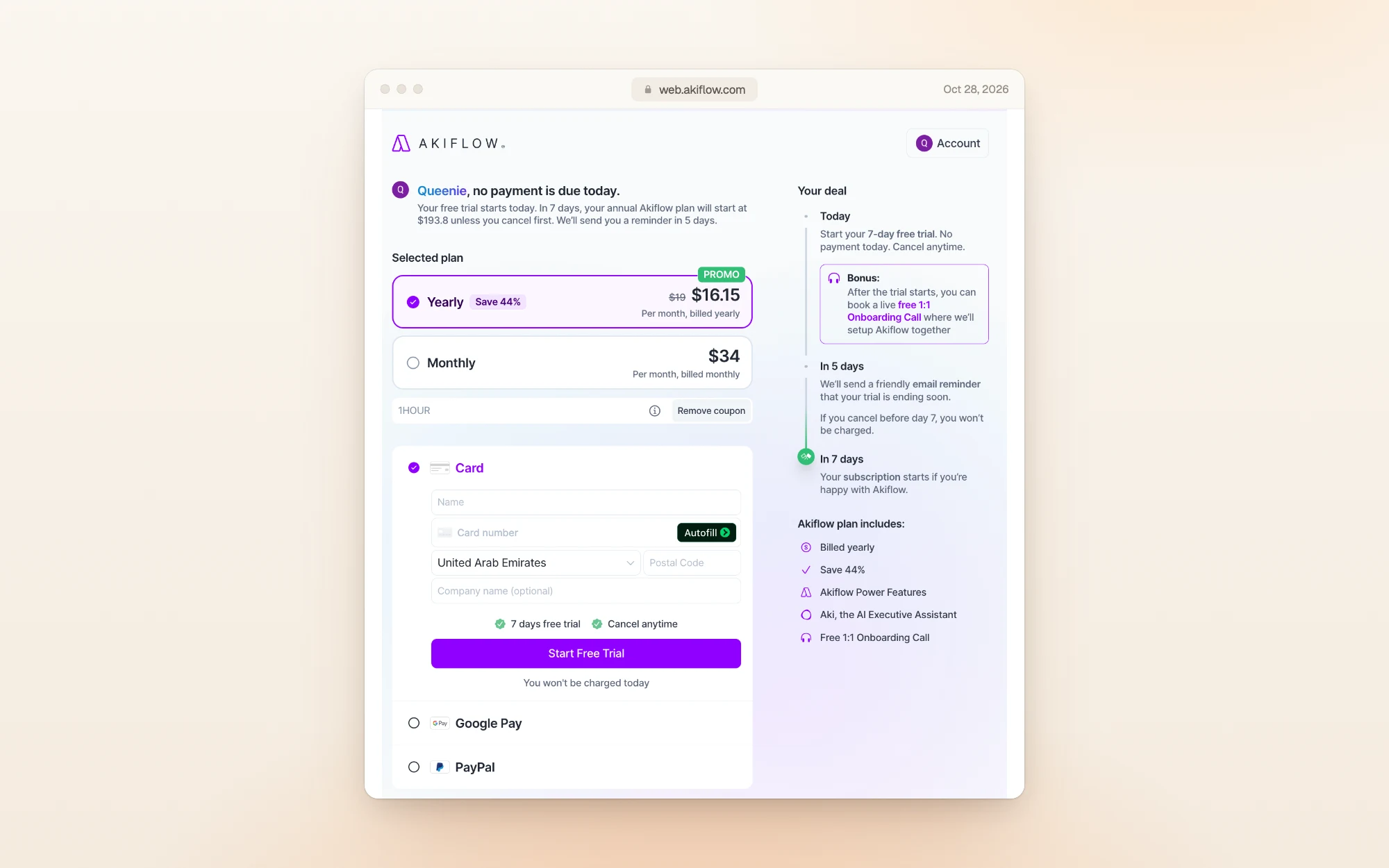 Akiflow's trial checkout: no payment is due today; in 7 days the annual plan starts at $193.8 unless you cancel first, with a reminder in 5 days. Yearly is selected at $16.15 per month (down from $19 with the coupon 1HOUR), Monthly is $34, and the timeline shows the trial today, an email reminder in 5 days and the subscription starting in 7 days.