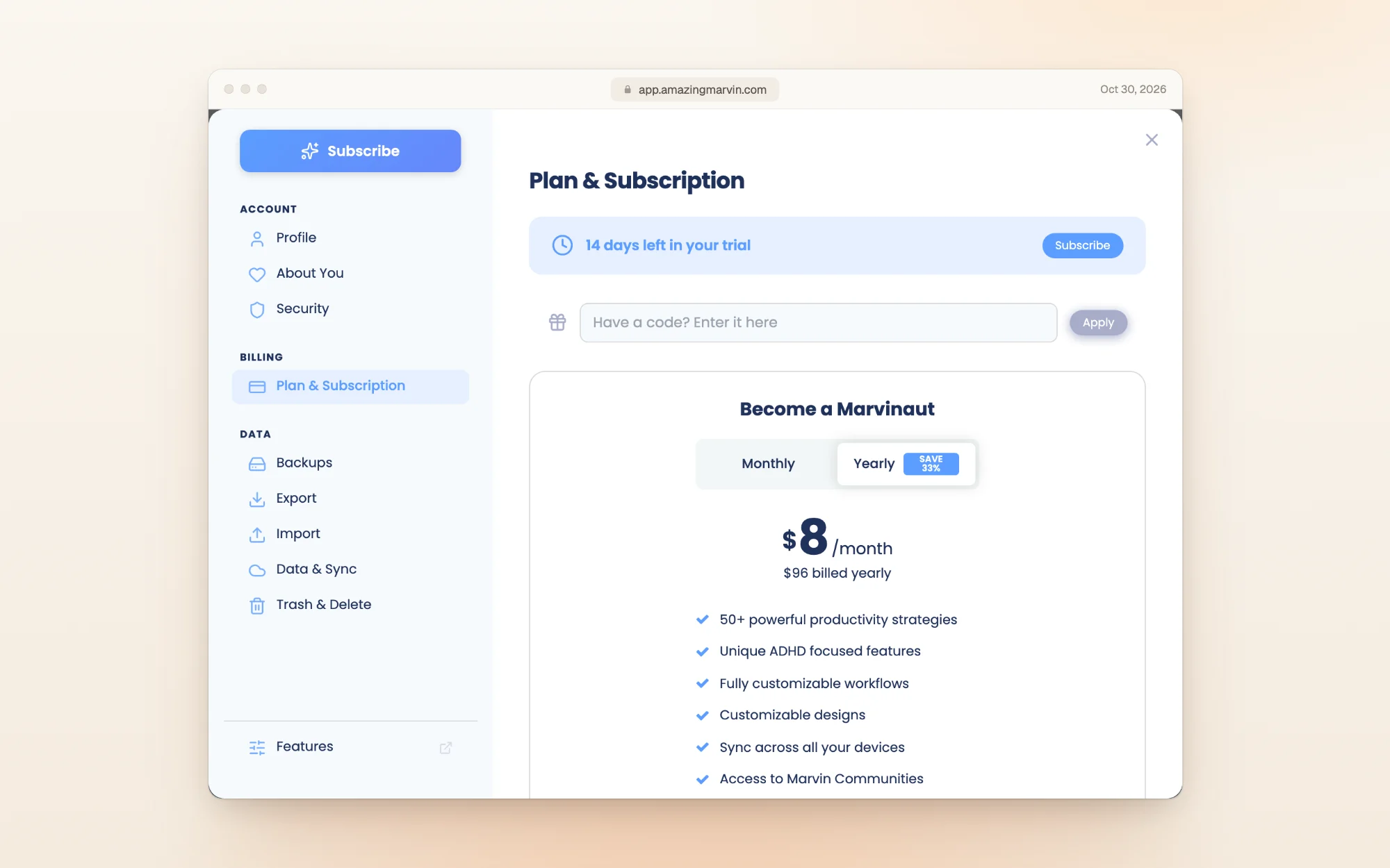 Amazing Marvin's Plan & Subscription settings: 14 days left in your trial with a Subscribe button, a field for a discount code, and a Become a Marvinaut panel with Yearly selected at $8 a month, $96 billed yearly.