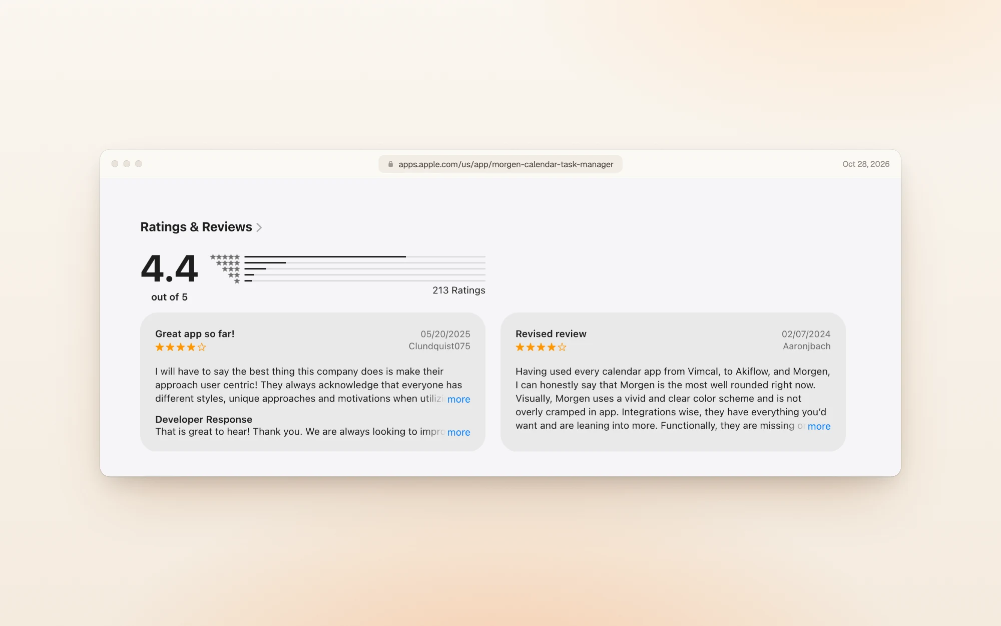 Morgen on the US App Store: 4.4 out of 5 from 213 ratings, with a five-star review titled Great app so far! from May 2025 and a five-star review titled Revised review from February 2024.