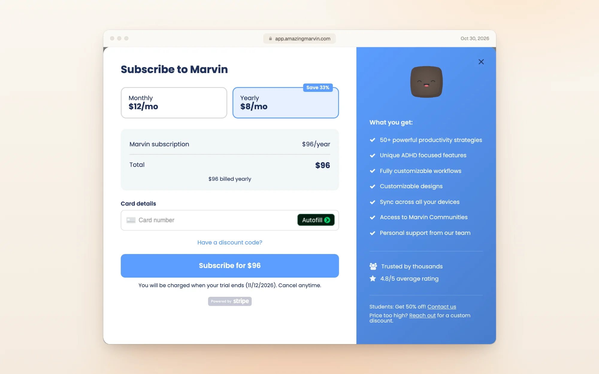 Amazing Marvin's Subscribe to Marvin checkout with Yearly selected: Marvin subscription $96 a year, total $96 billed yearly, a card field, a discount code link and a Subscribe for $96 button. Below it: You will be charged when your trial ends (11/12/2026). Cancel anytime. The side panel lists what you get and says students get 50% off.