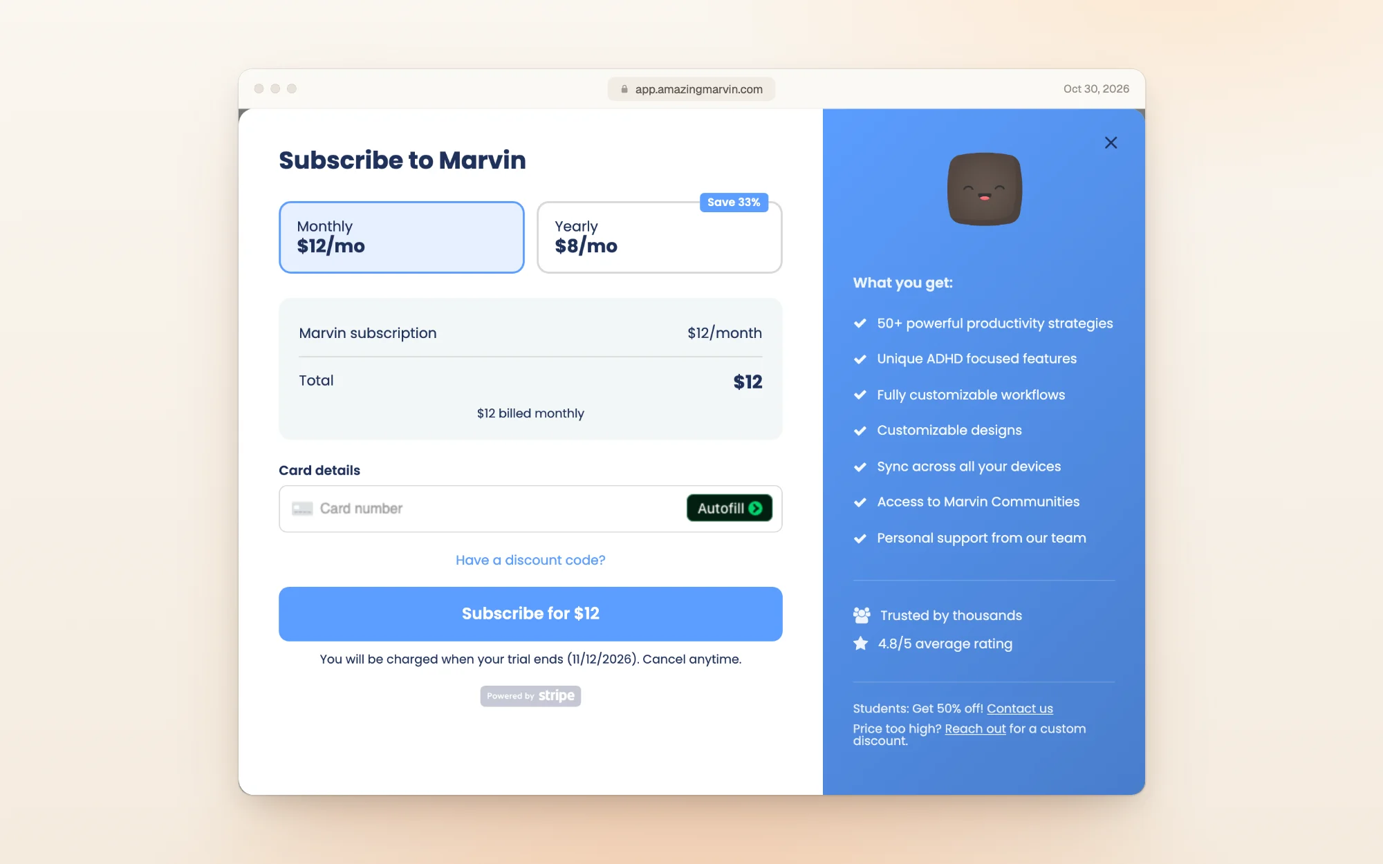 The same checkout with Monthly selected: Marvin subscription $12 a month, total $12 billed monthly, Subscribe for $12, again charged when the trial ends.