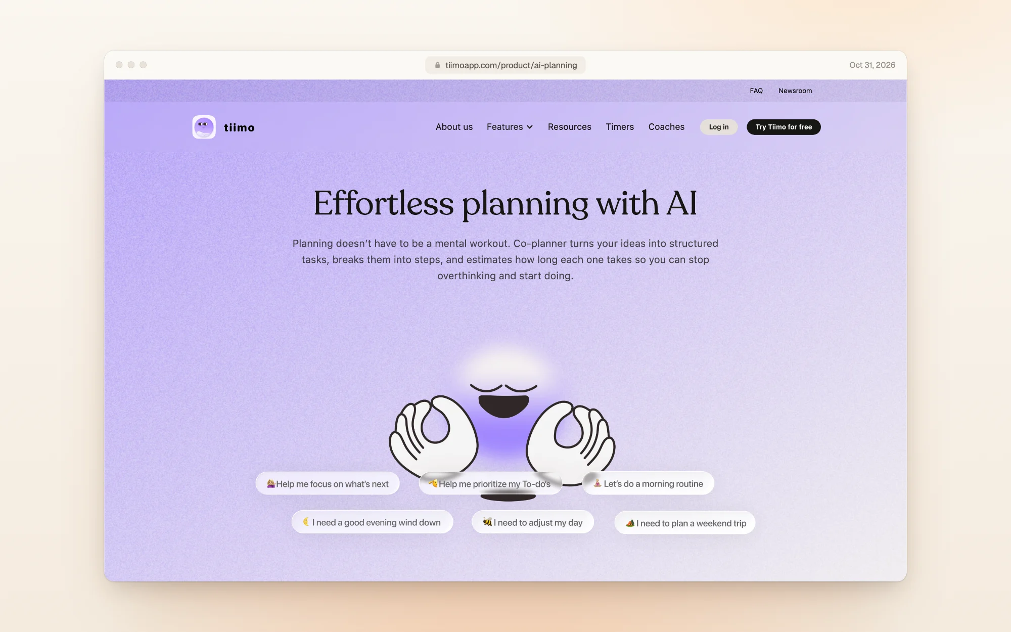 Tiimo's AI planning page: Effortless planning with AI. Co-planner turns your ideas into structured tasks, breaks them into steps, and estimates how long each one takes. Below, prompts such as Help me focus on what's next, Help me prioritize my to-dos, and I need to adjust my day.