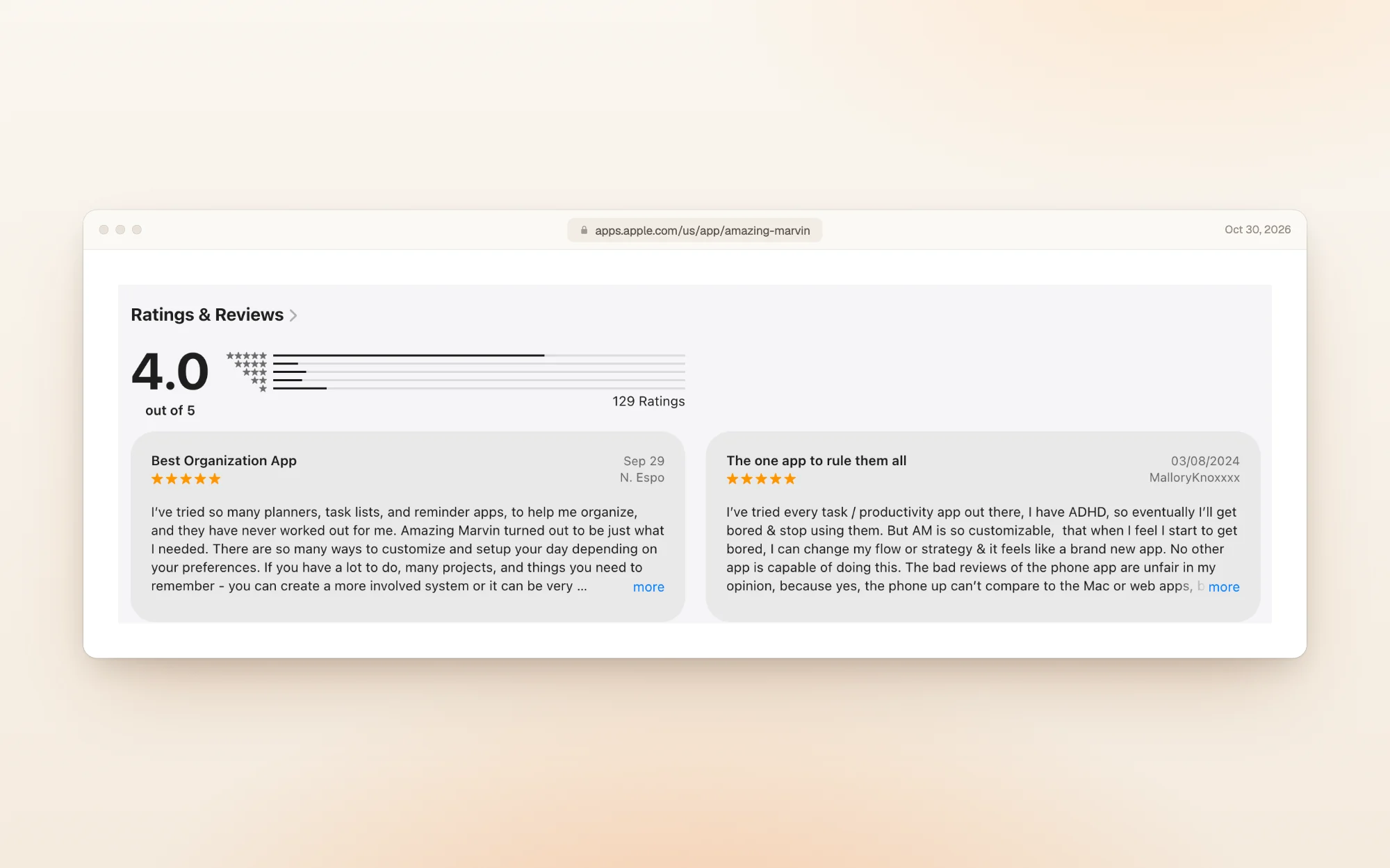 Amazing Marvin on the US App Store: 4.0 out of 5 from 129 ratings, with two five-star reviews titled Best Organization App and The one app to rule them all.