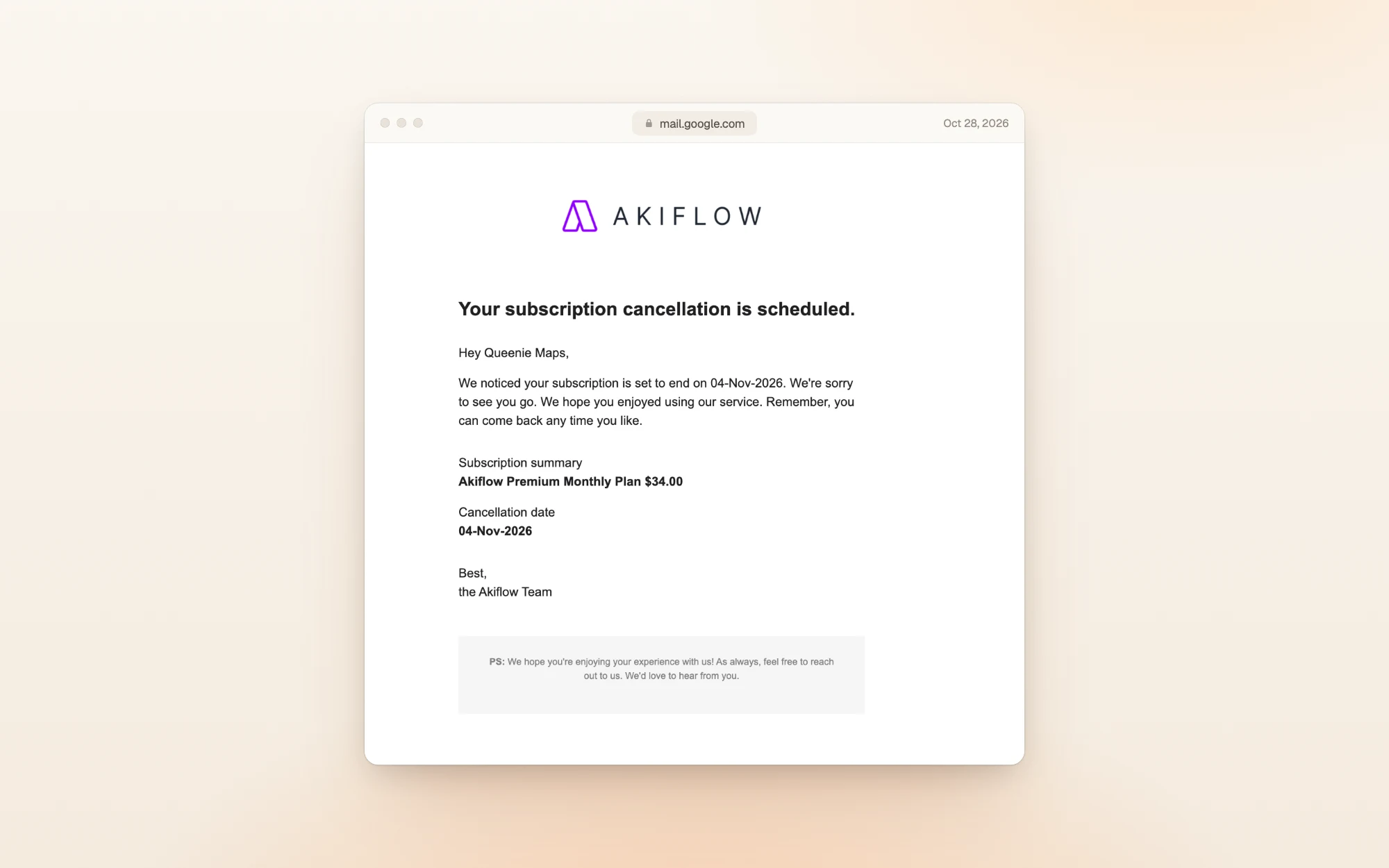 Akiflow's cancellation email from support@akiflow.com, subject Your subscription cancellation has been scheduled: the subscription is set to end on 04-Nov-2026, with a summary showing the Akiflow Premium Monthly Plan at $34.00 and a cancellation date of 04-Nov-2026.
