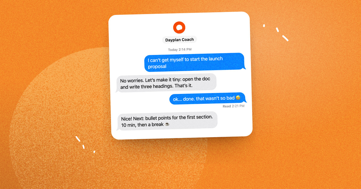 An iMessage chat where Dayplan's Coach turns a stuck launch proposal into a first tiny step