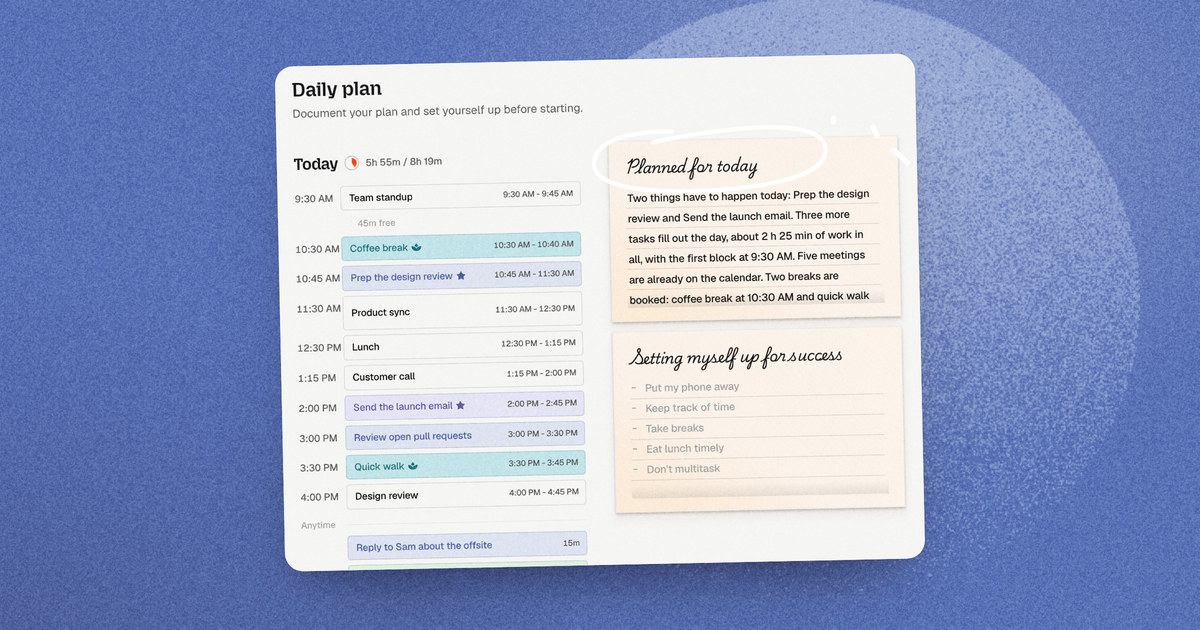 Dayplan's Daily plan step: today's schedule from standup to the design review, beside the handwritten plan for the day