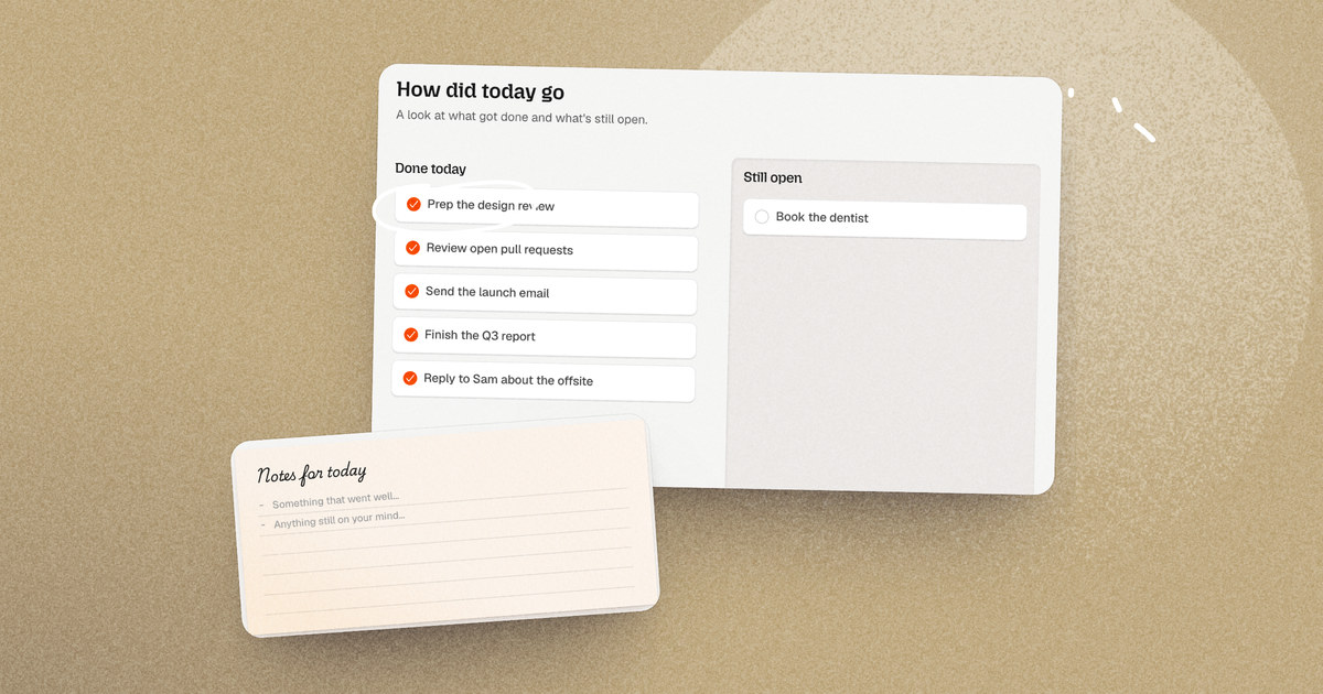 Dayplan's shutdown review: five tasks done today, one still open, and a notes card to close out the day