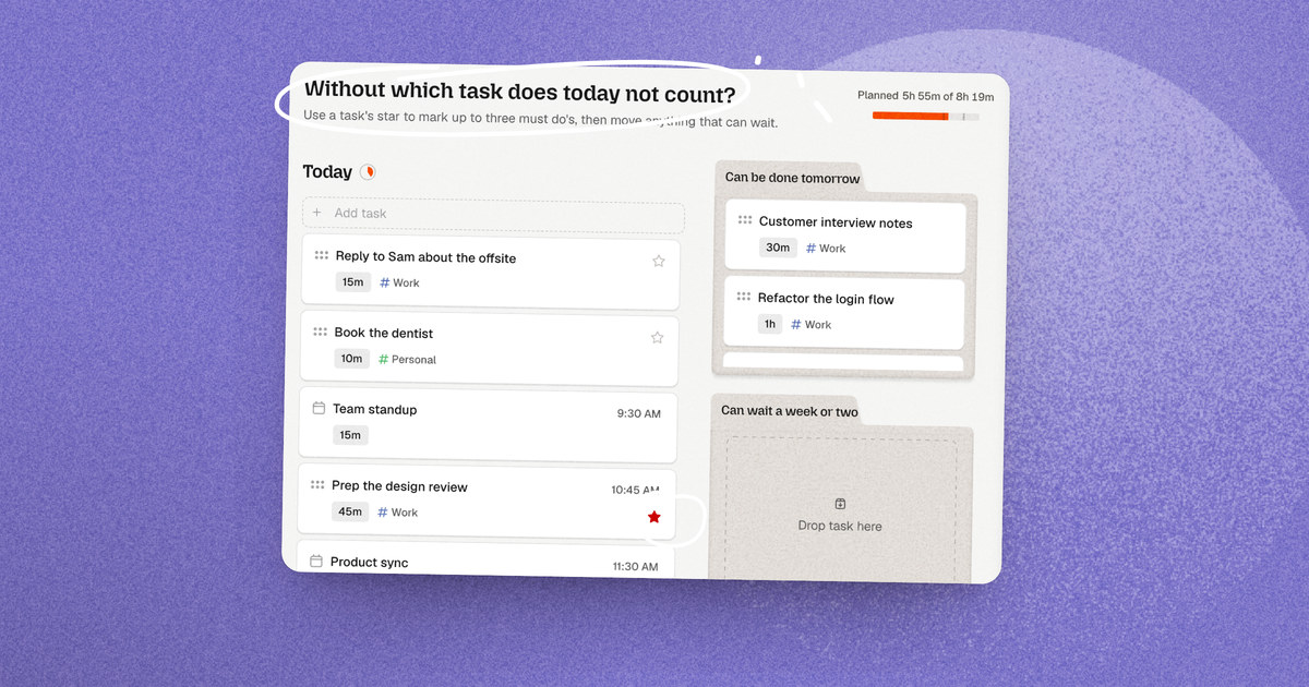 Dayplan asking “Without which task does today not count?” to pick up to three must-dos