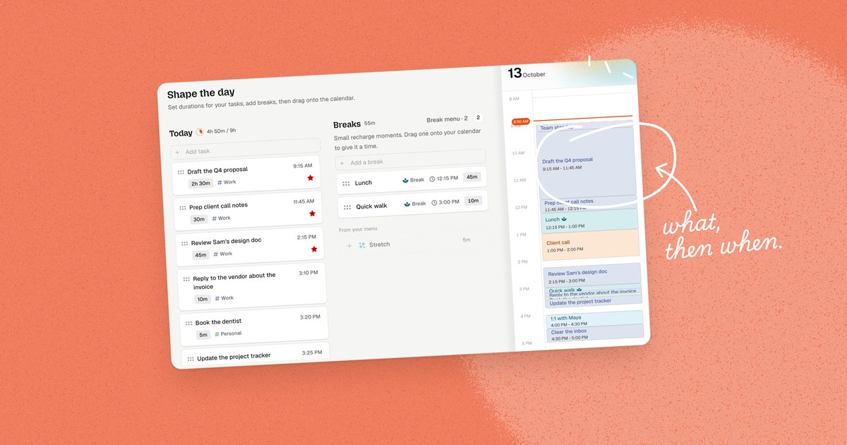 Dayplan's Shape the day screen: the Today list with three starred must-dos beside a calendar with the whole day blocked out from 9 AM to 5 PM