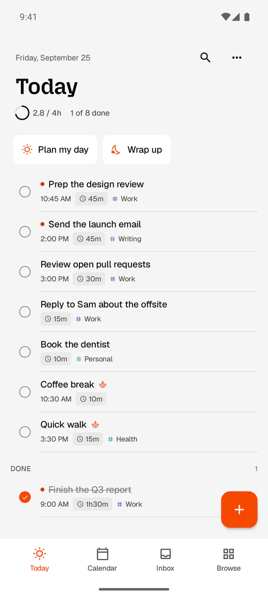 Dayplan on Android, showing today’s plan