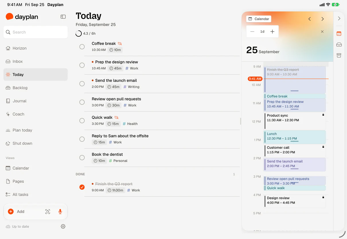 Dayplan on iPad, with today’s plan and the calendar side by side