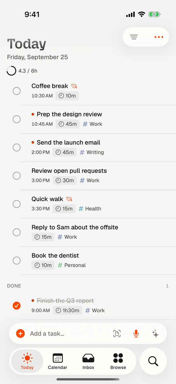 Dayplan on iPhone, showing today’s tasks and the one already done