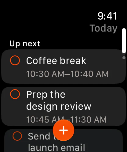 Dayplan on Apple Watch, showing what’s up next