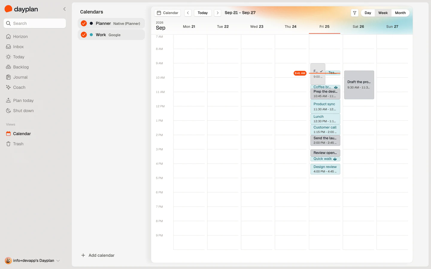 The Dayplan desktop app on Linux, showing the week calendar