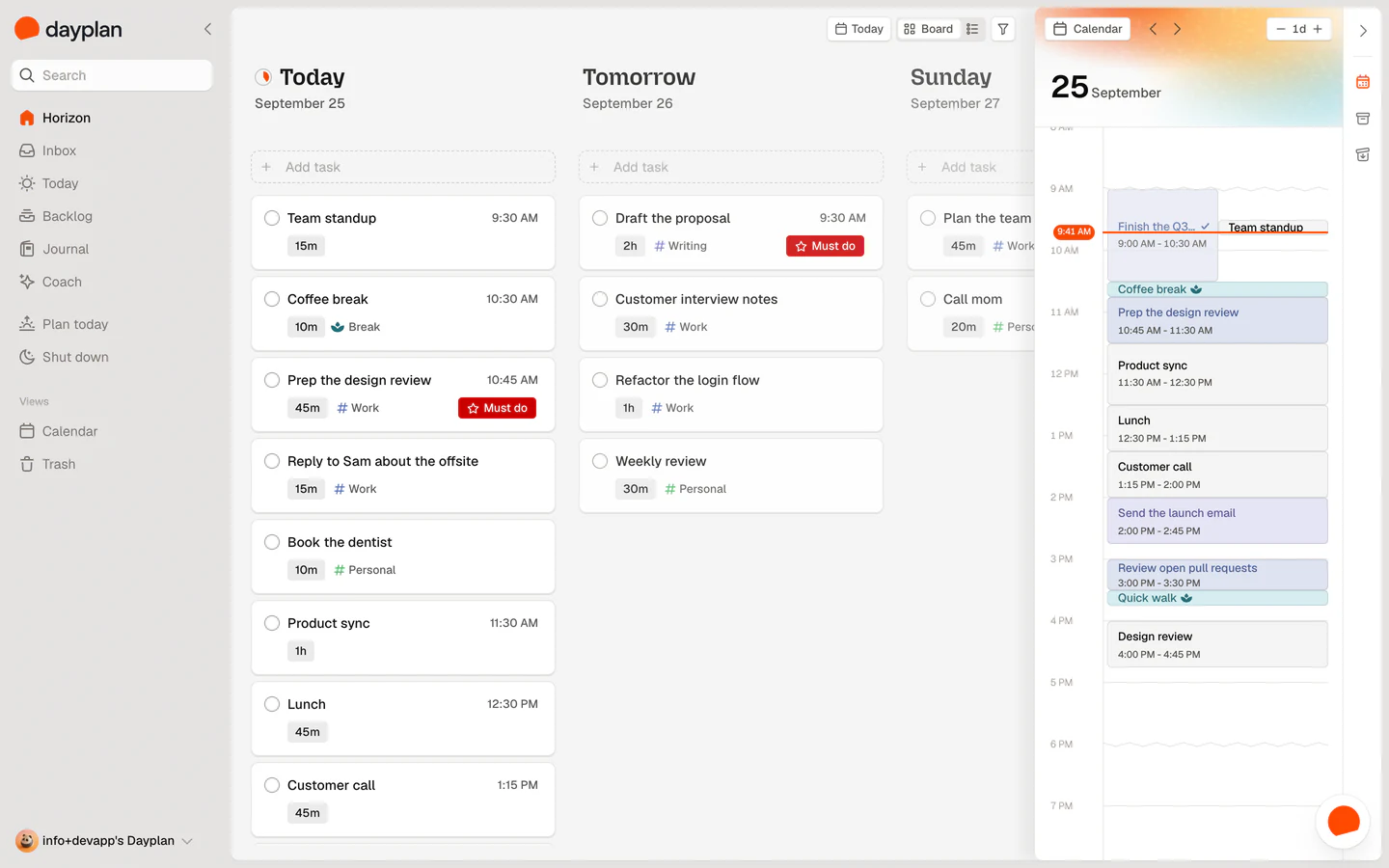 Dayplan in a browser, with today, tomorrow and Sunday planned beside the calendar