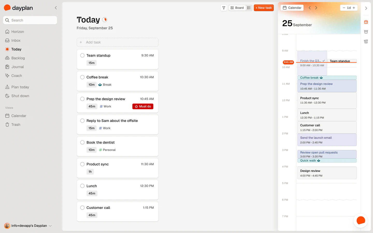 The Dayplan desktop app on Windows, showing today’s plan and calendar